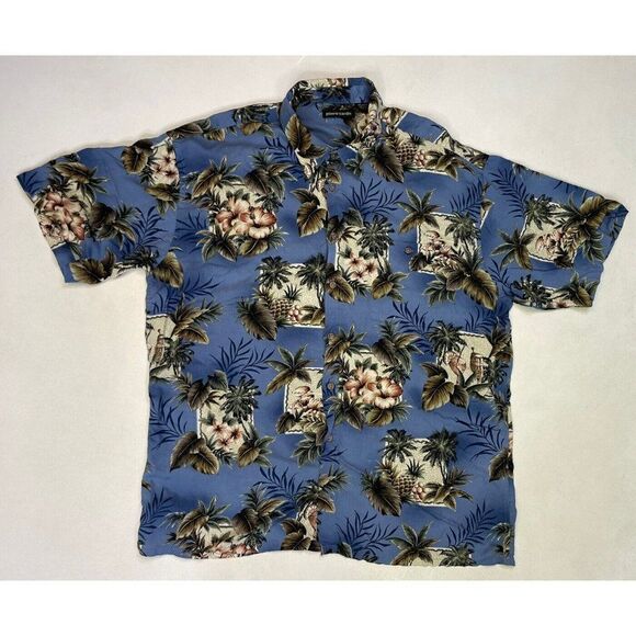 VINTAGE Pierre Cardin Hawaiian Shirt Men XL Floral Print Blue Short Sleeve - Picture 1 of 7